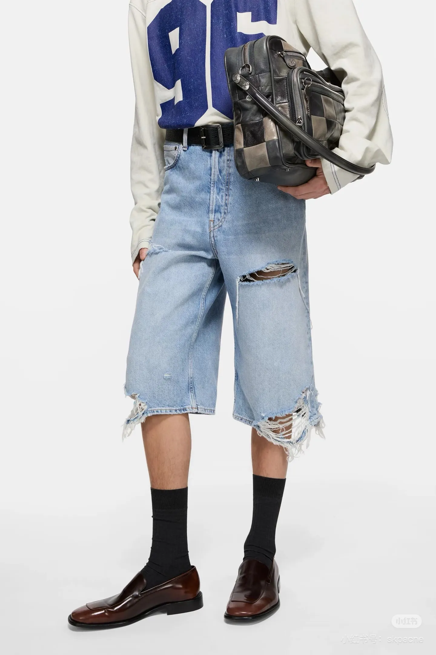 Acne ripped washed denim shorts upper body picture